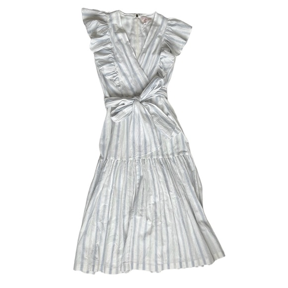 Rebecca Taylor Blue / White Mini Stripe Ruffled Tie Waist Cotton Midi Dress - Picture 2 of 6